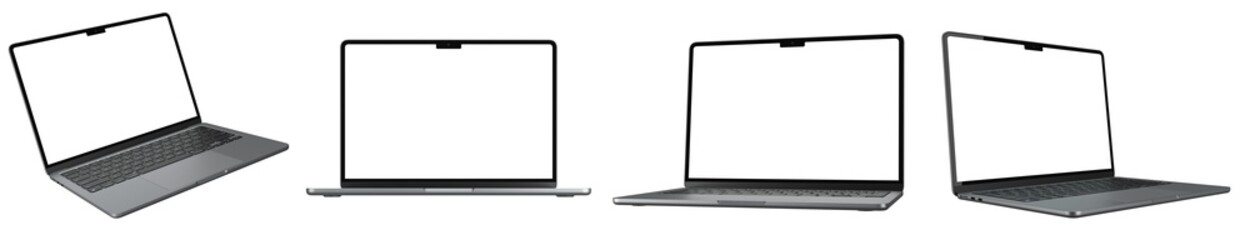 Collection of laptops with empty screen, isolated on transparent background. 3D render. 3D...