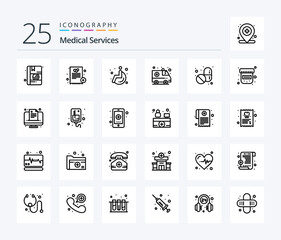 Medical Services 25 Line icon pack including drugs. tablet. wheel. pills. medical