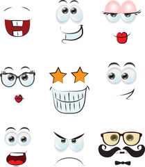 Face expression isolated vector icons, funny cartoon emoji dreaming, fall in love, laughing and smile. Facial feelings, emoticons kissing, happy and show tongue, toothy. Positive face expressions