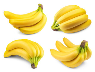 Bananas isolated set. Bunch of ripe bananas on white background collection. Fresh fruits.