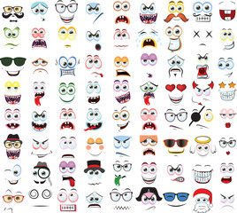 Face expression isolated vector icons, funny cartoon emoji dreaming, fall in love, laughing and smile. Facial feelings, emoticons kissing, happy and show tongue, toothy. Positive face expressions