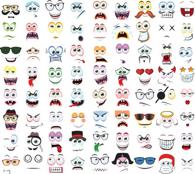 Face expression isolated vector icons, funny cartoon emoji dreaming, fall in love, laughing and smile. Facial feelings, emoticons kissing, happy and show tongue, toothy. Positive face expressions