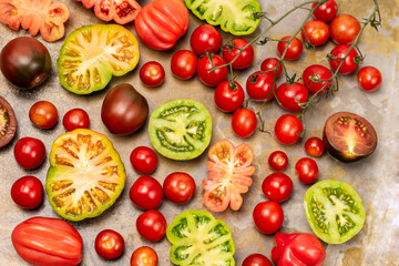 Chili tomato sprigs. Red, green and dark red tomatoes.