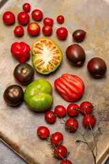 Fototapeta na wymiar Red, green and dark red tomatoes. Chili tomato sprigs.