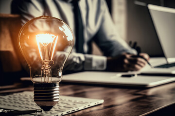 Crop close up of businessman sit at desk with light bulb inspired by innovative business idea, innovation, energy save concept (ai generated)