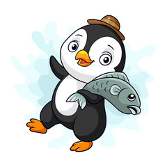 Cartoon little penguin carrying fish