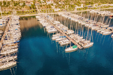 Docked luxury yachts Boat in a port. Yacht club aerial view