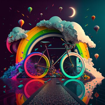 Colorful Bicycle Trip. Concept for world bicycle day in memory of Albert Hoffman's cosmic bicycle voyage. Generative AI.
