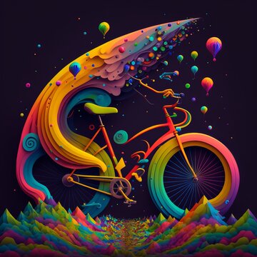 Colorful Bicycle Trip. Concept for world bicycle day in memory of Albert Hoffman's cosmic bicycle voyage. Generative AI.