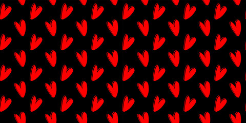 Fototapeta na wymiar Red love heart seamless illustration on black background. Cute pink heart print background. Texture of valentine's day holiday background. Valentine's Day background. Vector EPS 10