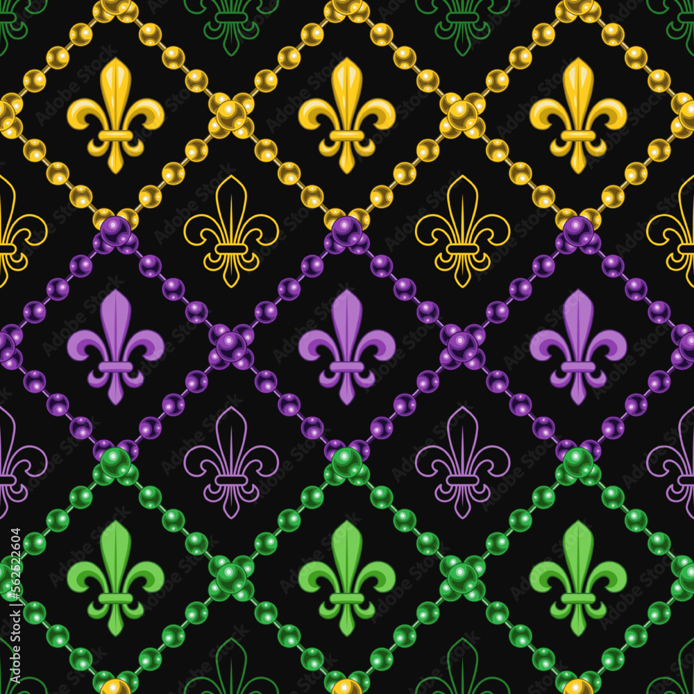 Poster geometric pattern with fleur de lis symbol. diagonal square grid with string of beads. illustration 