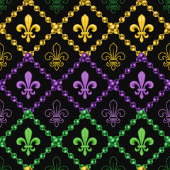 Geometric pattern with fleur de lis symbol. Diagonal square grid with string of beads. Illustration for Mardi Gras carnival. Vintage illustration for prints, clothing, holiday, surface design © OA_Creation