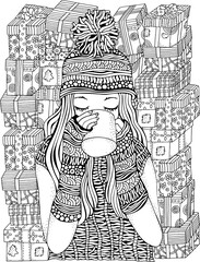 Winter girl and cup of coffee. Holiday gifts. Adult Coloring book page. Hand-drawn vector illustration. Pattern for coloring book. Zentangle. For adult and children.	