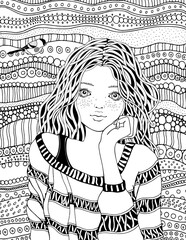 Cute girl in a striped sweater. Coloring book page for adult. Artistically ethnic pattern. Black and white. Doodle, zentangle style.	