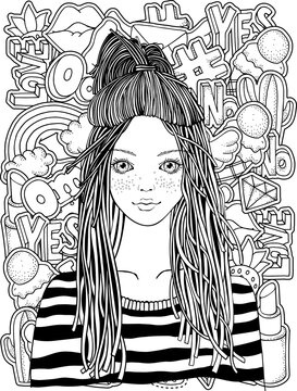 Cool yong girl in a striped sweater. Coloring book page for adult with Fashion Patch Badges in cartoon 80 s-90 s comic doodle style. Black and white.	