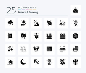 Nature And Farming 25 Solid Glyph icon pack including farming. sun. farming. mountain. leaf