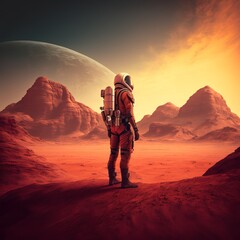 Fototapeta premium Full body view of an astronaut is standing on planet Mars and taking in the view. Generative AI