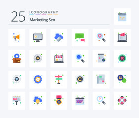 Marketing Seo 25 Flat Color icon pack including location. message. analysis. communication. email