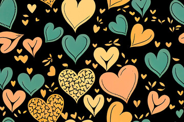 Seamless pattern graphic set of hand draw hearts, on the black background,