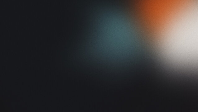 Abstract color gradient background, film grain texture, blurred orange gray white free forms on black, copy space