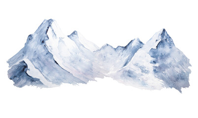 Fototapeta na wymiar Watercolor illustration of picturesque snowy mountains isolated, minimalist landscape