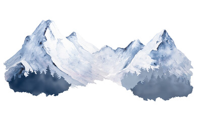 Watercolor illustration of picturesque snowy mountains and trees isolated