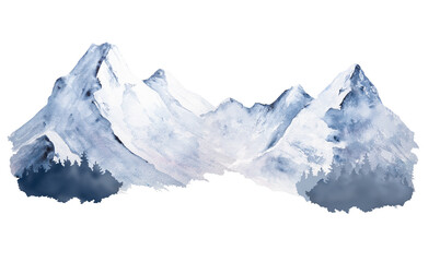 Watercolor illustration of picturesque snowy mountains and trees isolated