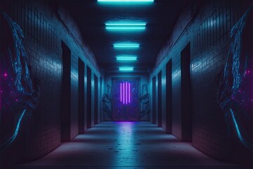 purple futuristic Sci-Fi Alien Cyber Dark blue neon generative ai Hallway 