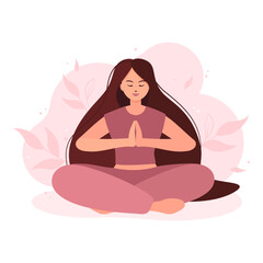 Fototapeta na wymiar Physical and spiritual practice. Vector illustration in flat cartoon style. International Yoga day. Concept illustration for yoga, meditation, relax and healthy lifestyle