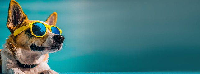 Dog with sunglasses on blue background. Banner with copy space for text, advertising. Vacation, holiday mood, relax, travel. Generative AI.
