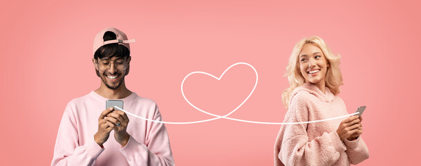Romantic Multicultural Couple Using Smartphones, Sending Messages For Valentine's Day