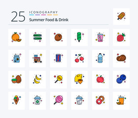 Summer Food & Drink 25 Line Filled icon pack including fruits. soda. food. drink. ice cream