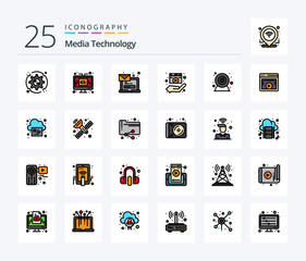 Media Technology 25 Line Filled icon pack including media player. film. lcd. director. message