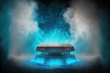 Blue futuristic empty podium stage with Smoke and neon light  generative ai sci-fi alien stand platform