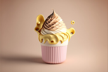 3d cupcake with yellow cream pink pastel background generative ai