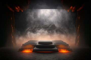 futuristic empty podium stage with Smoke and neon light  generative ai sci-fi alien stand platform