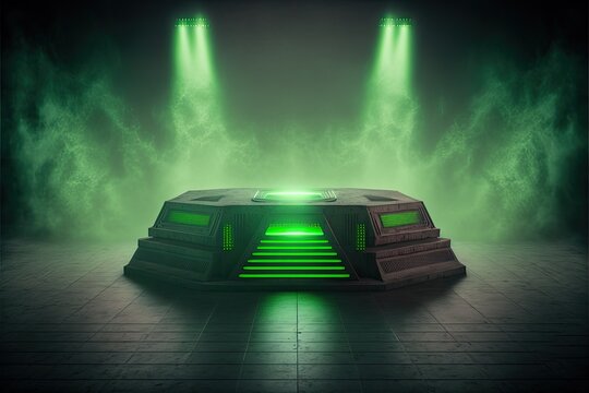 Green Futuristic Empty Podium Stage With Smoke And Neon Light  Generative Ai Sci-fi Alien Stand Platform