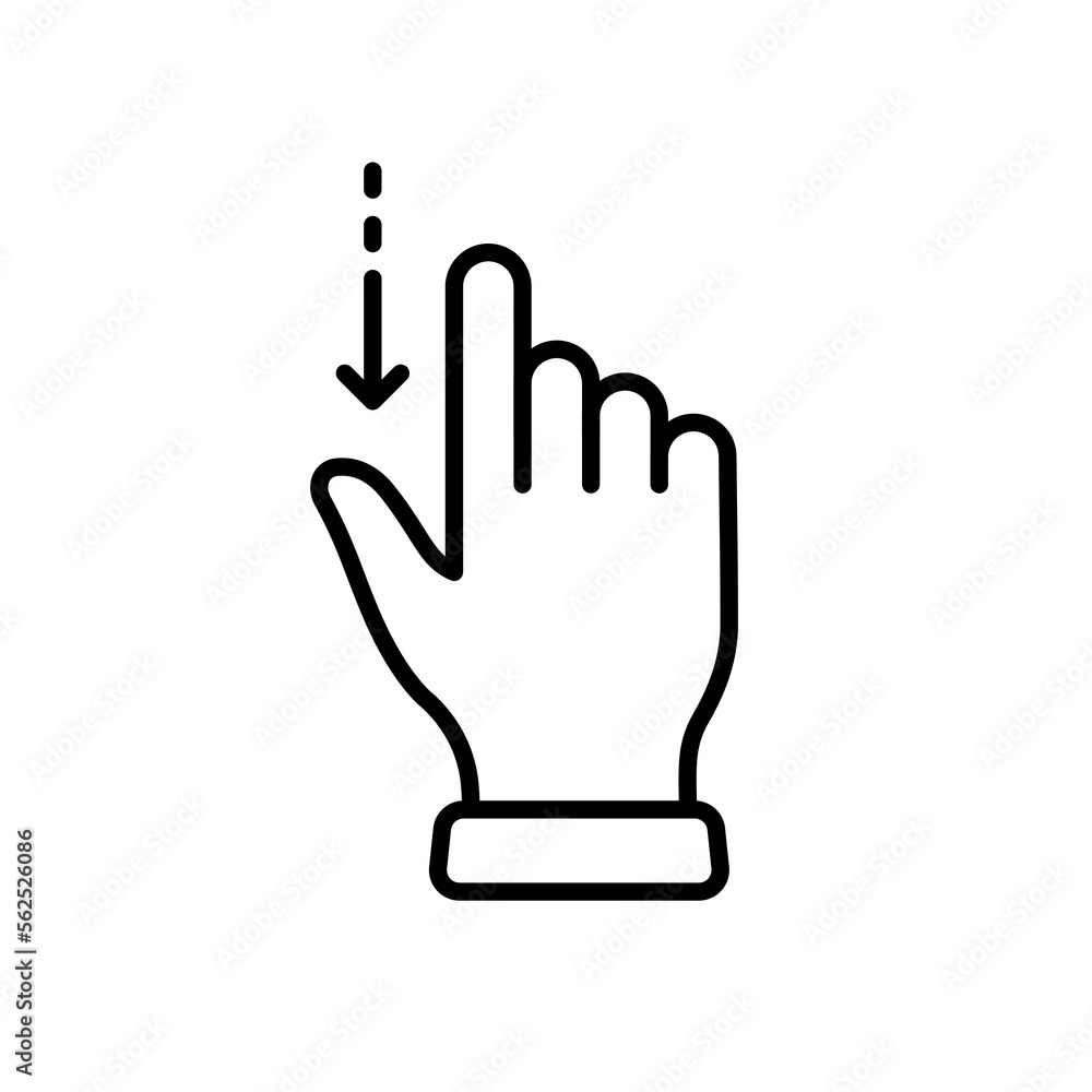 Poster hand finger swipe and drag down line icon. pinch screen, rotate on screen linear pictogram. gesture 