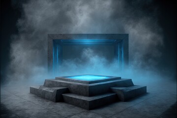 Blue futuristic empty podium stage with Smoke and neon light  generative ai sci-fi alien stand platform