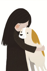 a little girl hugging a dog, minimalist illustration, pet love, small girl hugging her pet, national love your pet day illustration 