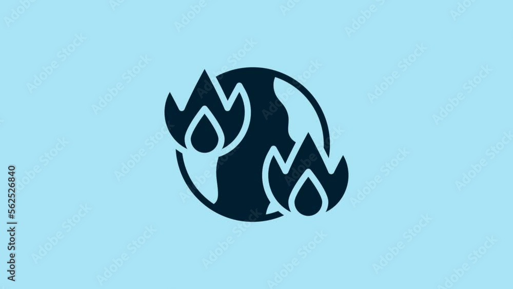 Poster blue global warming fire icon isolated on blue background. 4k video motion graphic animation