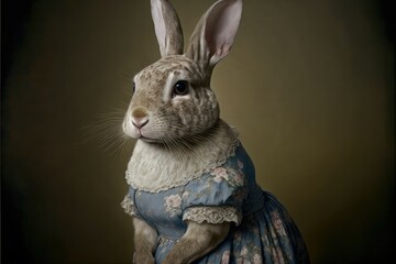 Portrait of rabbit in a victorian dress. Generative AI