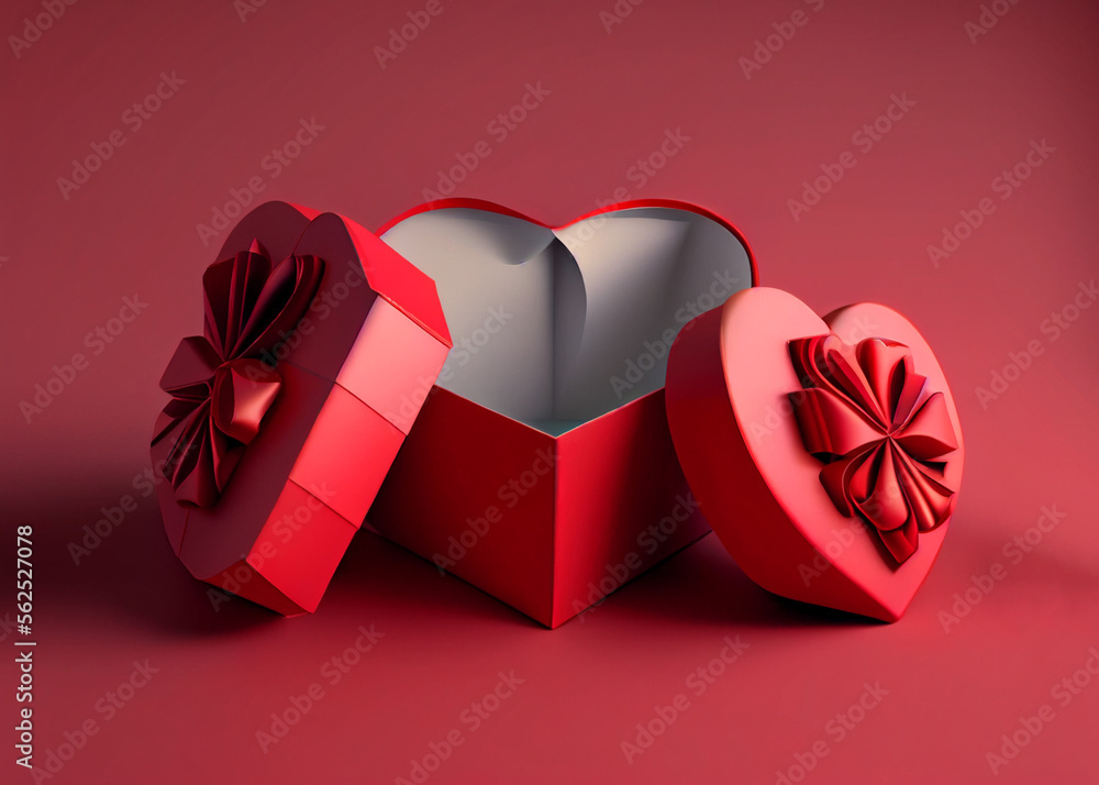 Wall mural Heart shape Valentine gift box on red . AI Generated