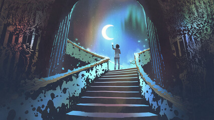 young woman standing on a fantasy staircase reaching for a small star in the sky, digital art style, illustration painting