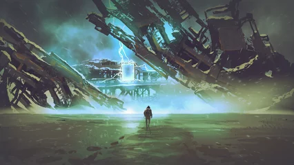 Poster man walking towards the gate of light on the huge ruins, digital art style, illustration painting © grandfailure