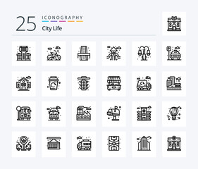 City Life 25 Line icon pack including city. light. rood. life. play ground