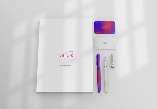 3d Presentation Folder, Pens, Front and Back ID Card Presentation Mockup