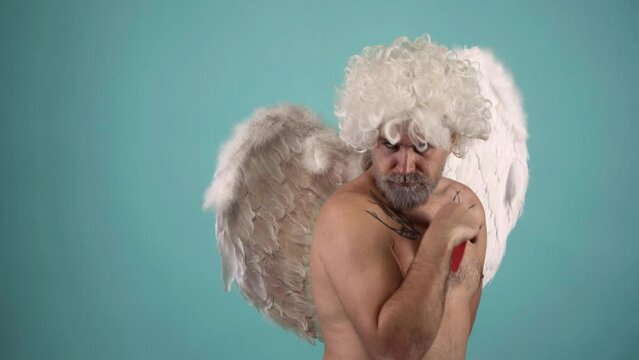 Funny valentin angel with heart. Arrows of love. Valentines day celebration. Humor comical concept.