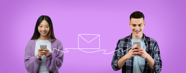 Happy Young Man And Woman Texting Online On Smartphones Over Purple Background