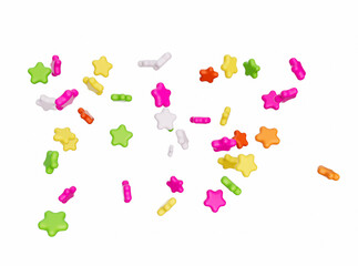 Star Shape colorful candies falling fly on white background 3d illustration